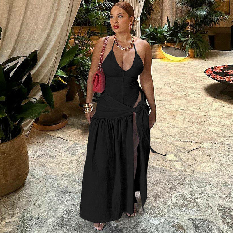 Backless Halter Bodysuit High Slit Tie Waist Maxi Skirt Set