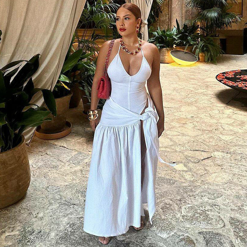 Backless Halter Bodysuit High Slit Tie Waist Maxi Skirt Set