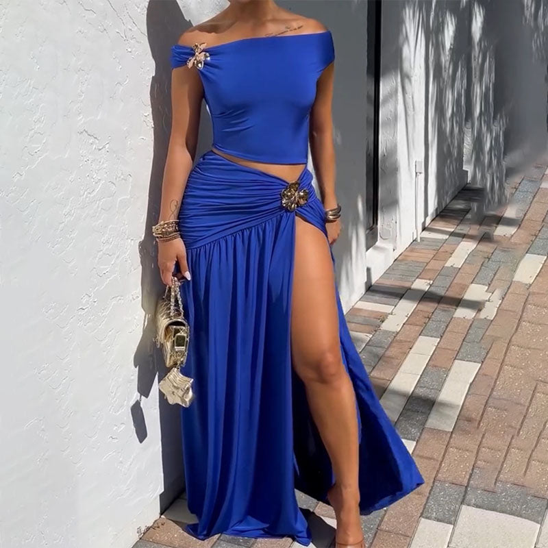 Off-the-shoulder crop top and slit maxi skirt set