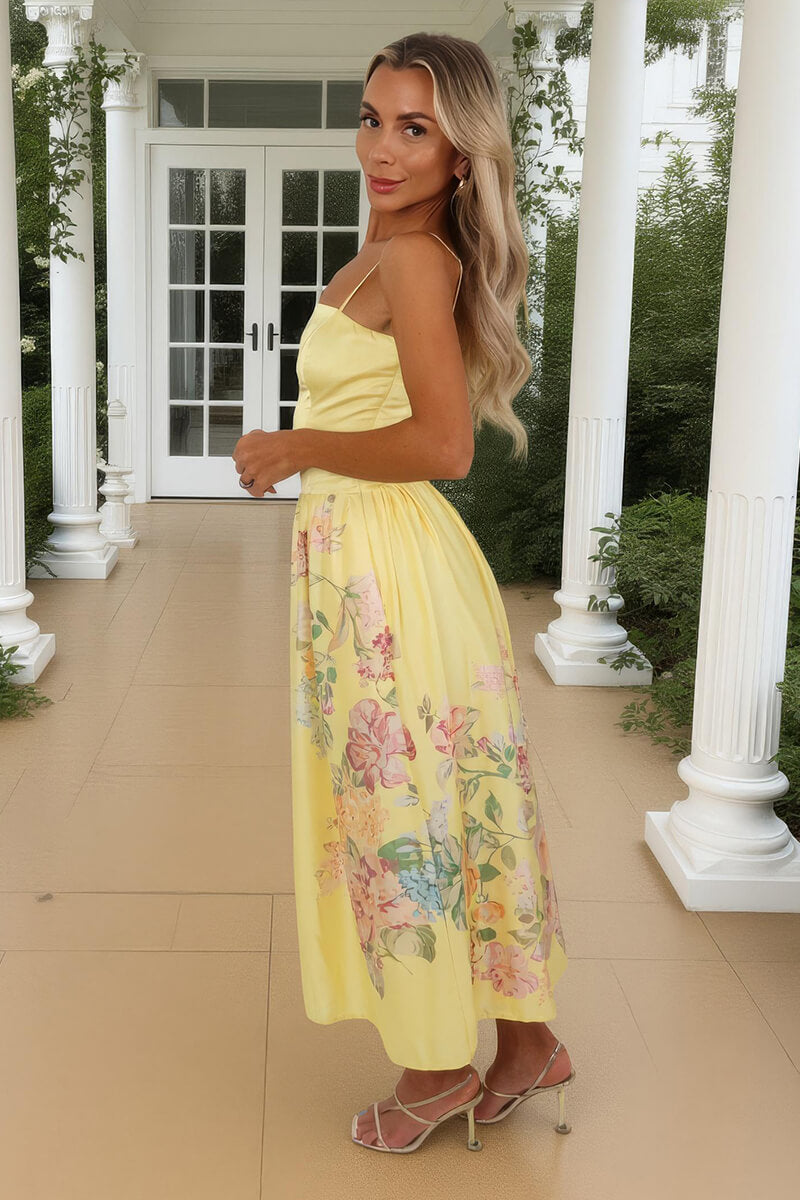 Soft Yellow Floral Print Detail Strappy Midi Dress