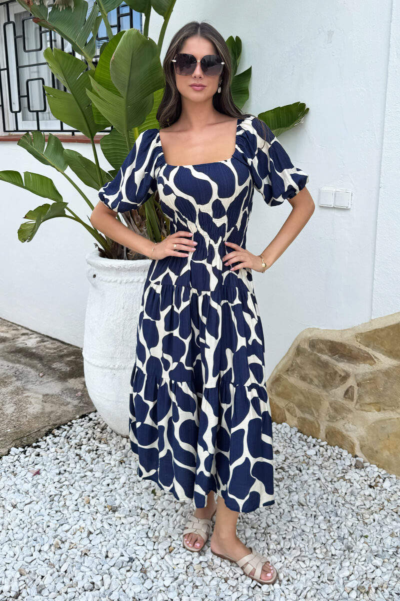 Navy and Cream Abstract Print Puff Sleeve Smock Midi Dress