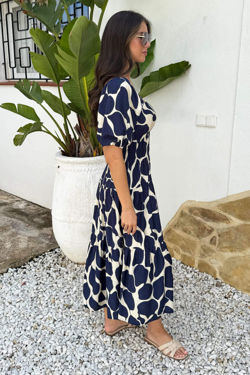 Navy and Cream Abstract Print Puff Sleeve Smock Midi Dress