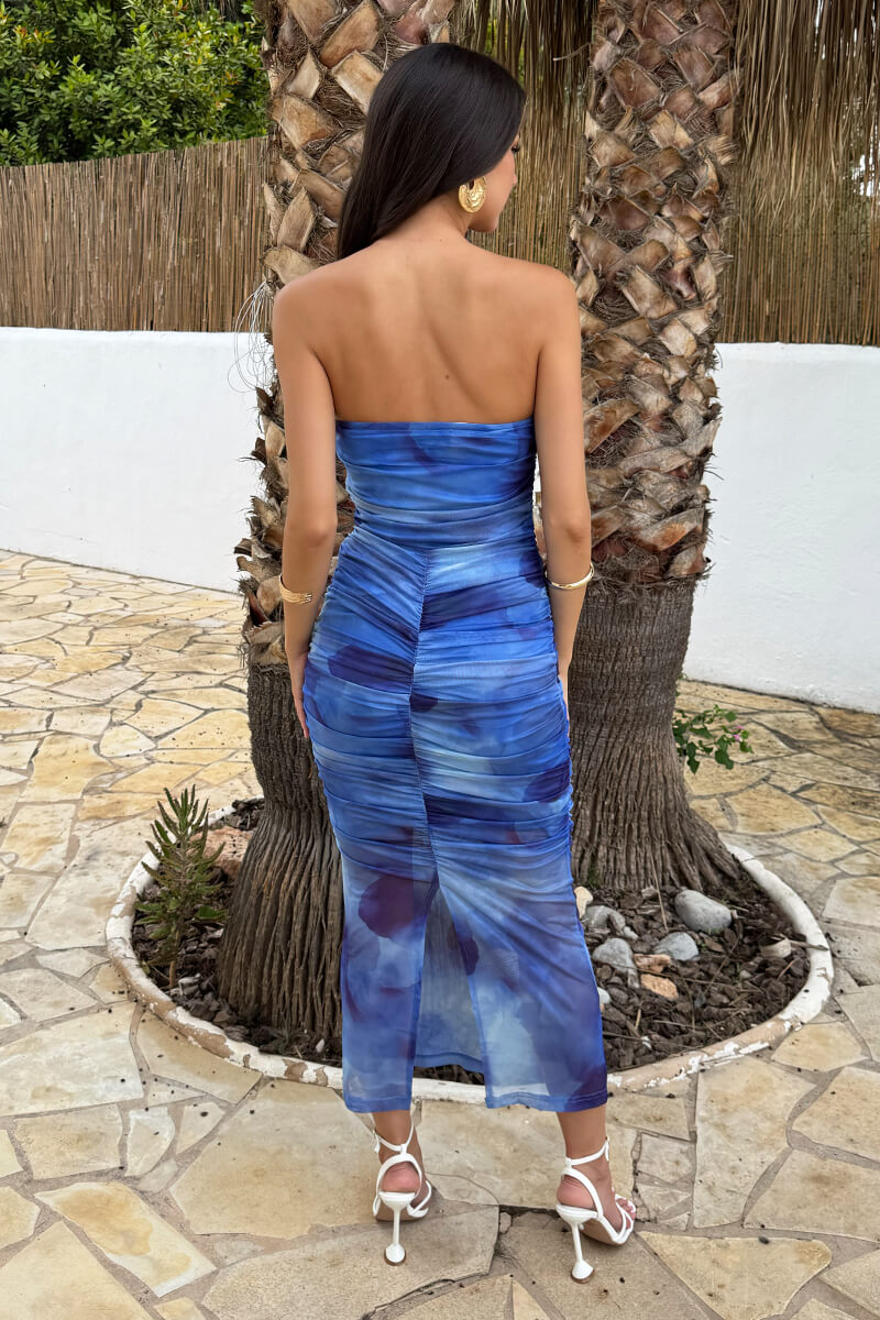 Blue Smudge Print Strapless Ruched Bodycon Midi Dress