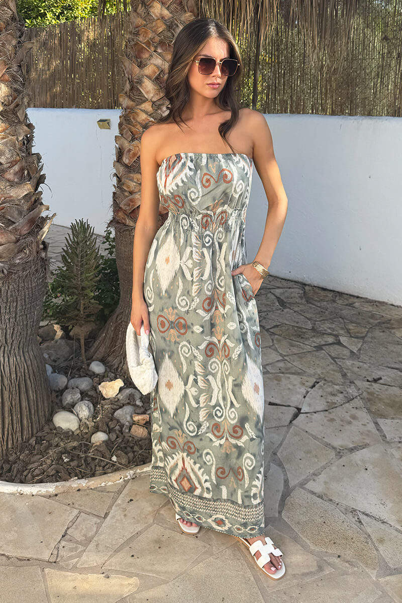 Multi Boho Print Strapless Shirred Waist Midi Dress