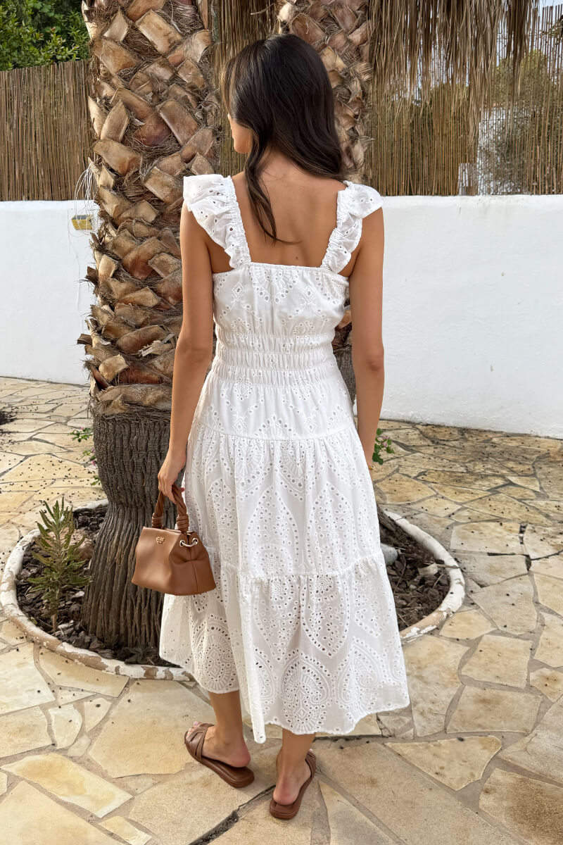 White Broderie Frill Strap Smock Midi Dress