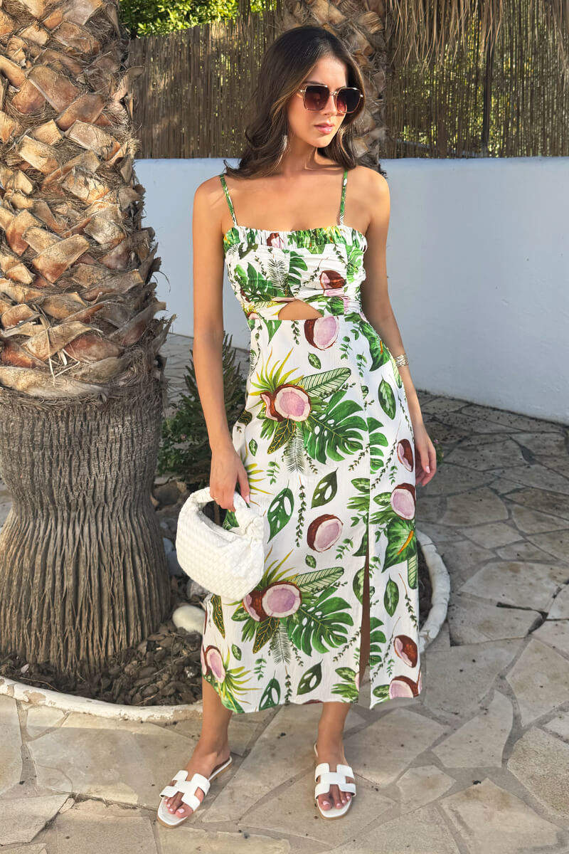 Multi Coconut Print Strappy Cut Out Midi Dress