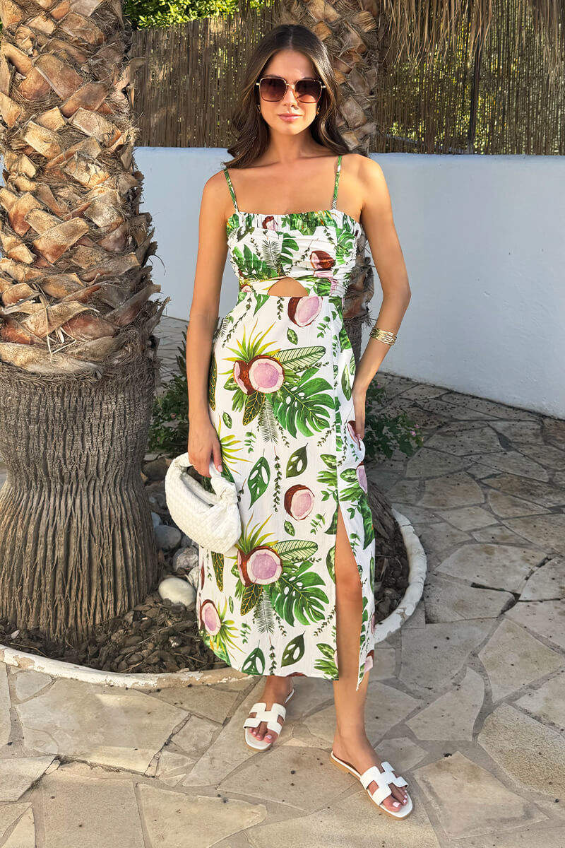 Multi Coconut Print Strappy Cut Out Midi Dress
