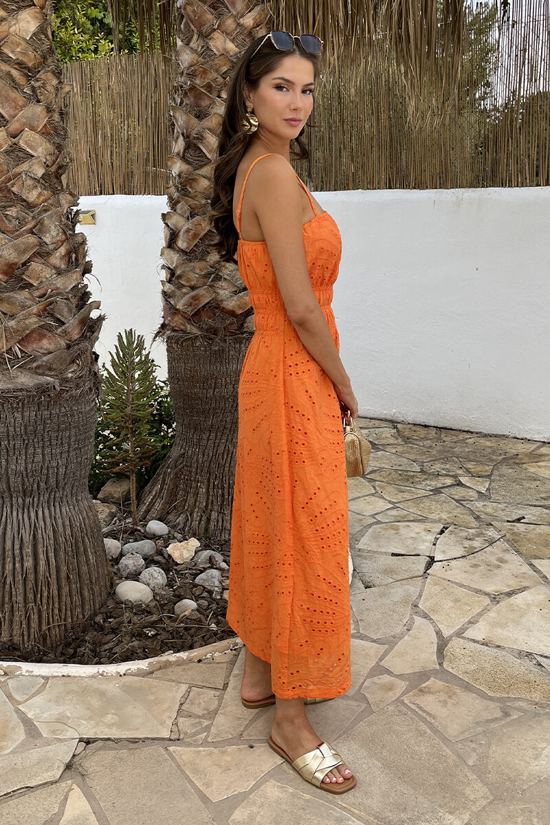 Orange Broderie Strappy Shirred Waist Midi Dress