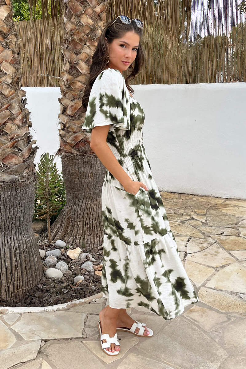 Olive And White Smudge Print Shirred Waist Smock Midi Dress