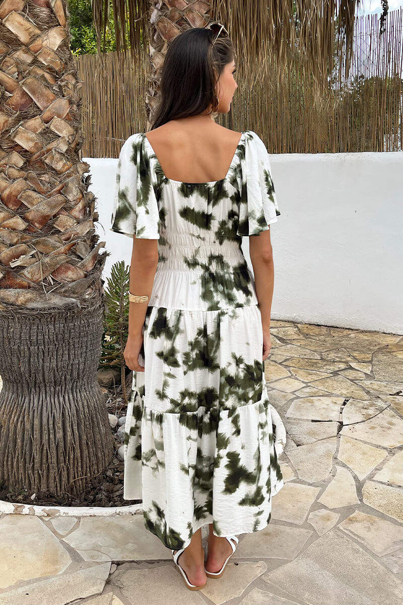 Olive And White Smudge Print Shirred Waist Smock Midi Dress