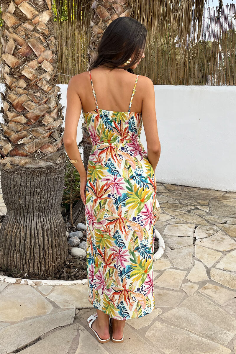 Multi Tropical Garden Print Strappy Cut Out Midi Dress