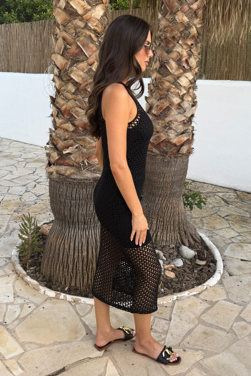 Black Net Overlay Round Neck Midi Dress