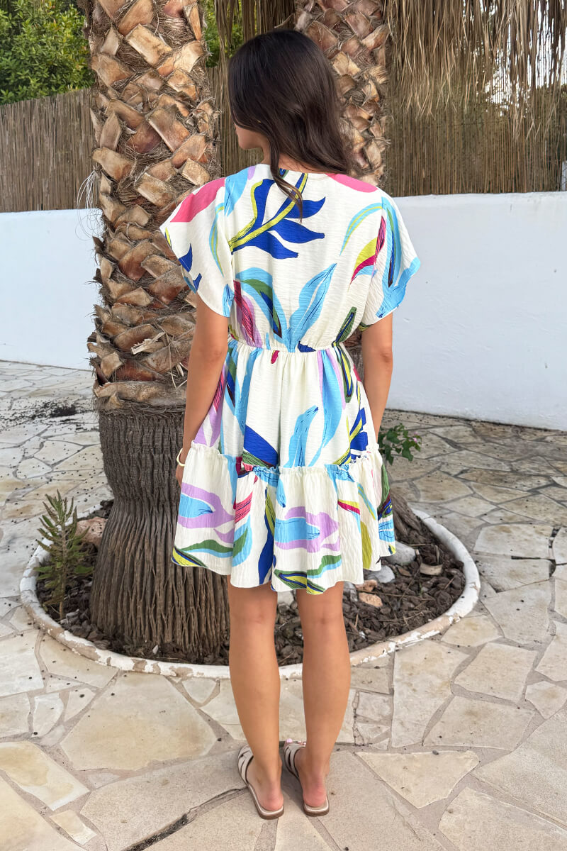 Multi Leaf Print Wrap Top Tiered Mini Dress