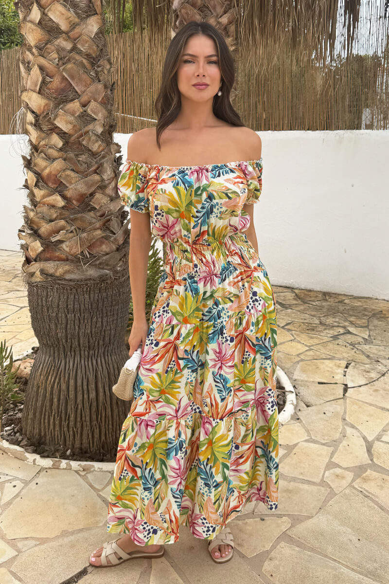 Multi Tropical Garden Print Shirred Waist Smock Midi Dress