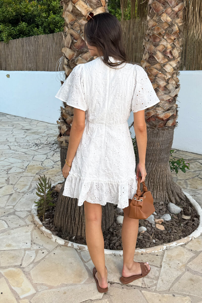 White Floral Broderie V Neck Frill Hem Mini Dress