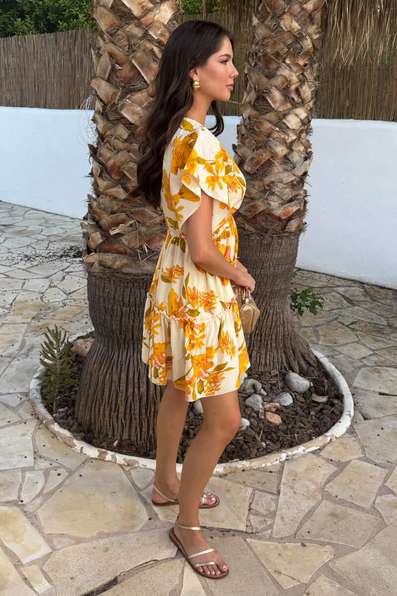 Yellow Floral Print Wrap Top Tiered Mini Dress