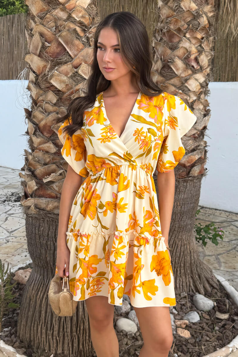 Yellow Floral Print Wrap Top Tiered Mini Dress