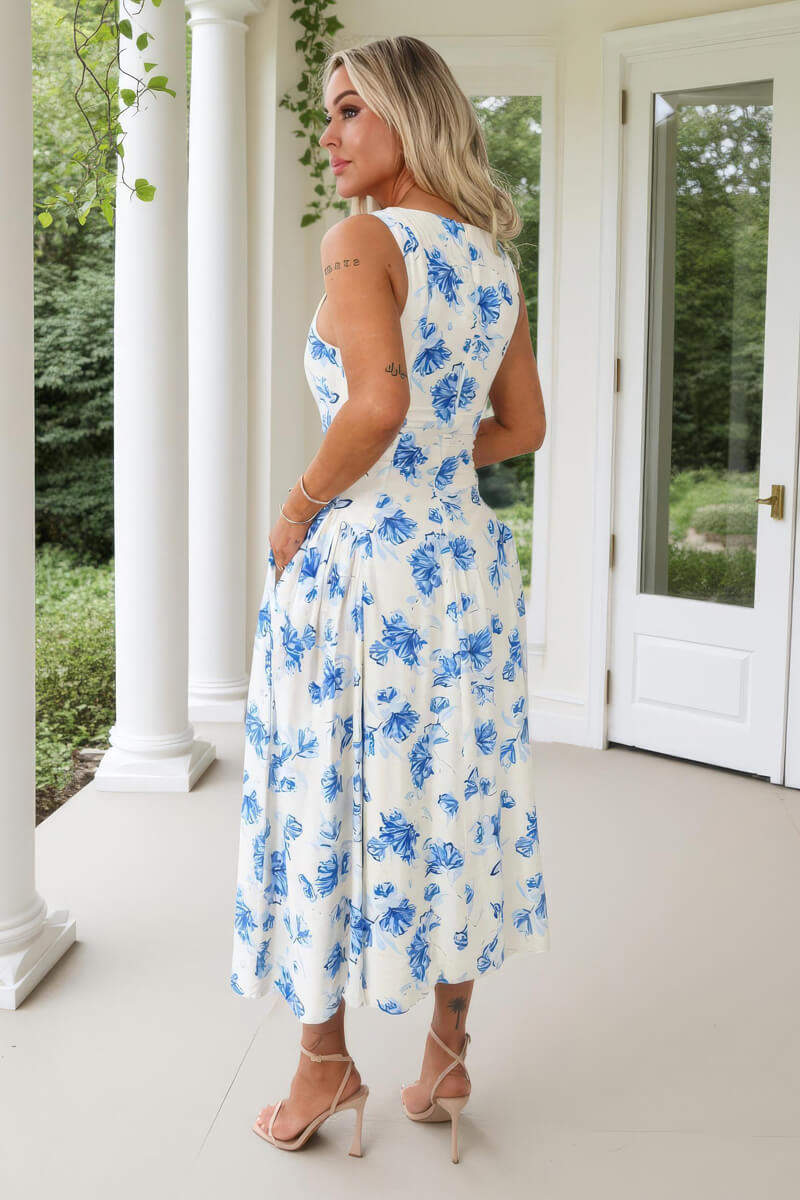 Blue And Cream Floral Print Pleated Hip Midi Dress