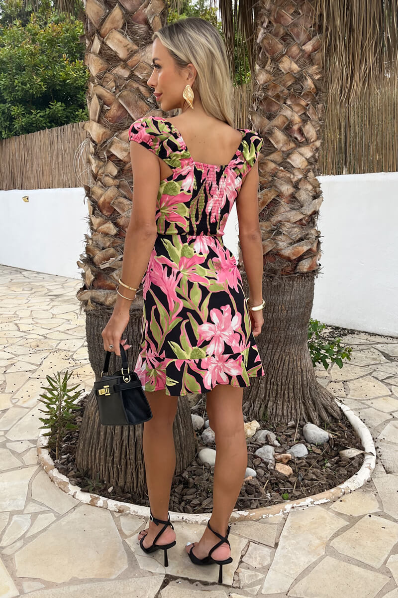 Pink Tropical Flower Print Tie Front Puff Sleeve Mini Dress