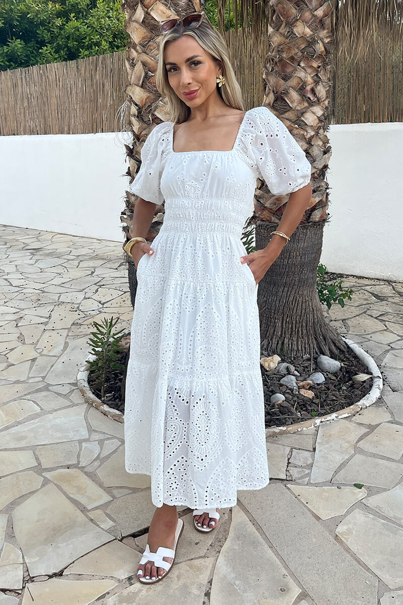 White Broderie Puff Sleeve Smock Midi Dress