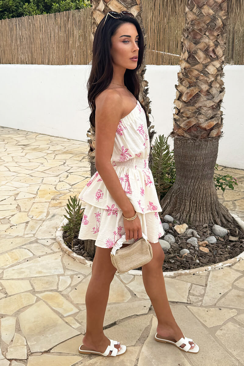 Pink And Cream Beach Print Strapless Tiered Mini Dress