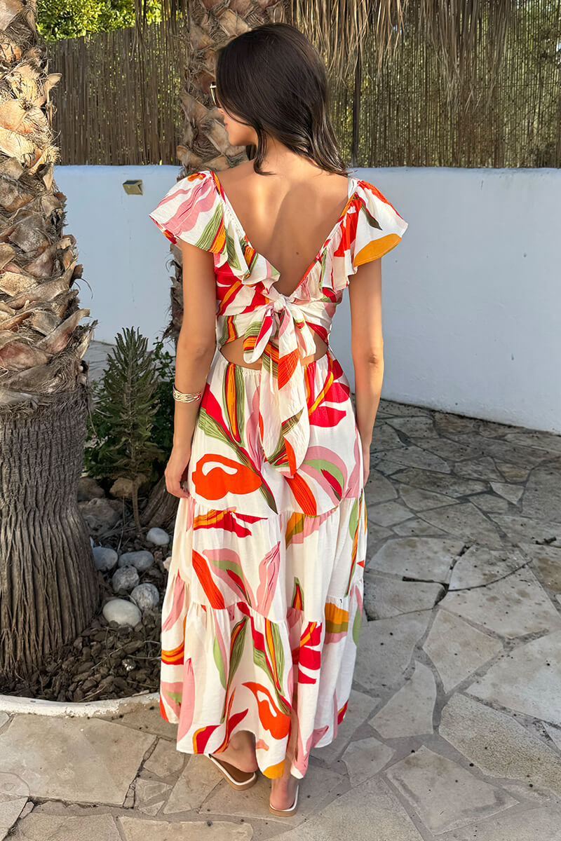 Multi Leaf Print Open Tie Back Frill Top Smock Midi Dress