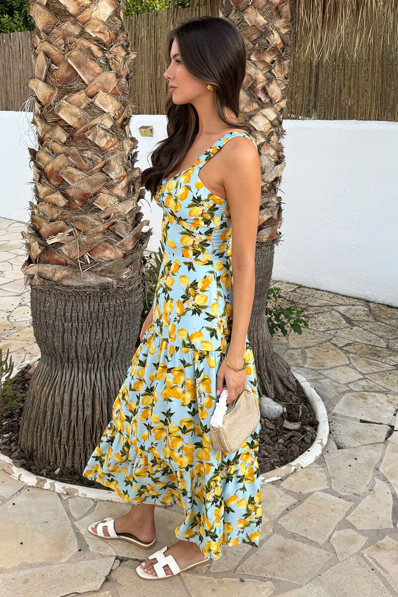 Blue Lemon Print Shirred Straps Tiered Midi Dress