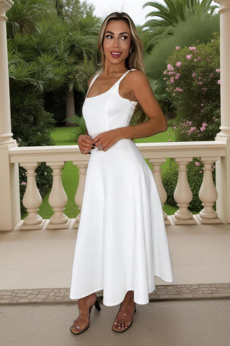 Cream Square Neck A-line Midi Dress