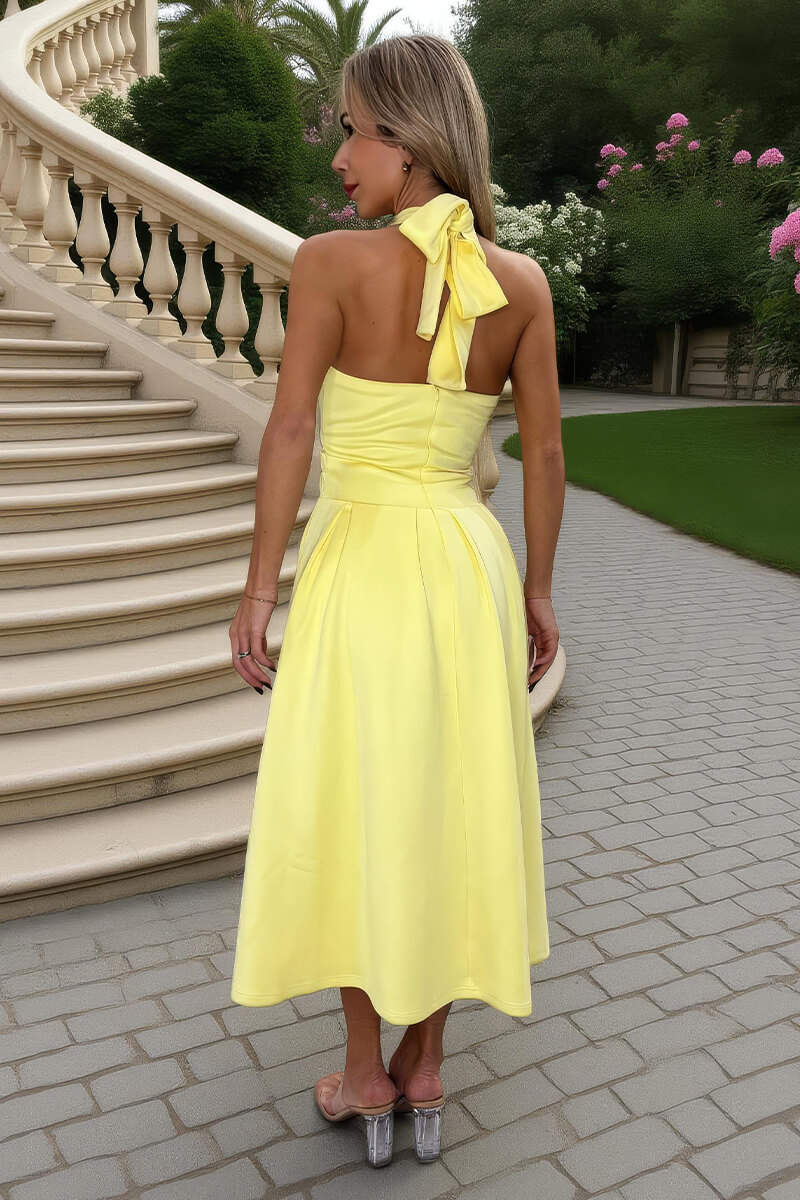 Soft Yellow Tie Halter Neck Midi Dress