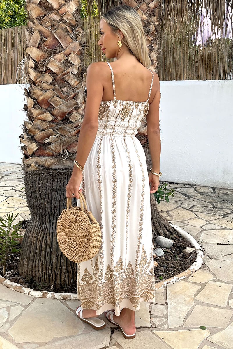 Cream Boho Vine Print Strappy Shirred Waist Midi Dress