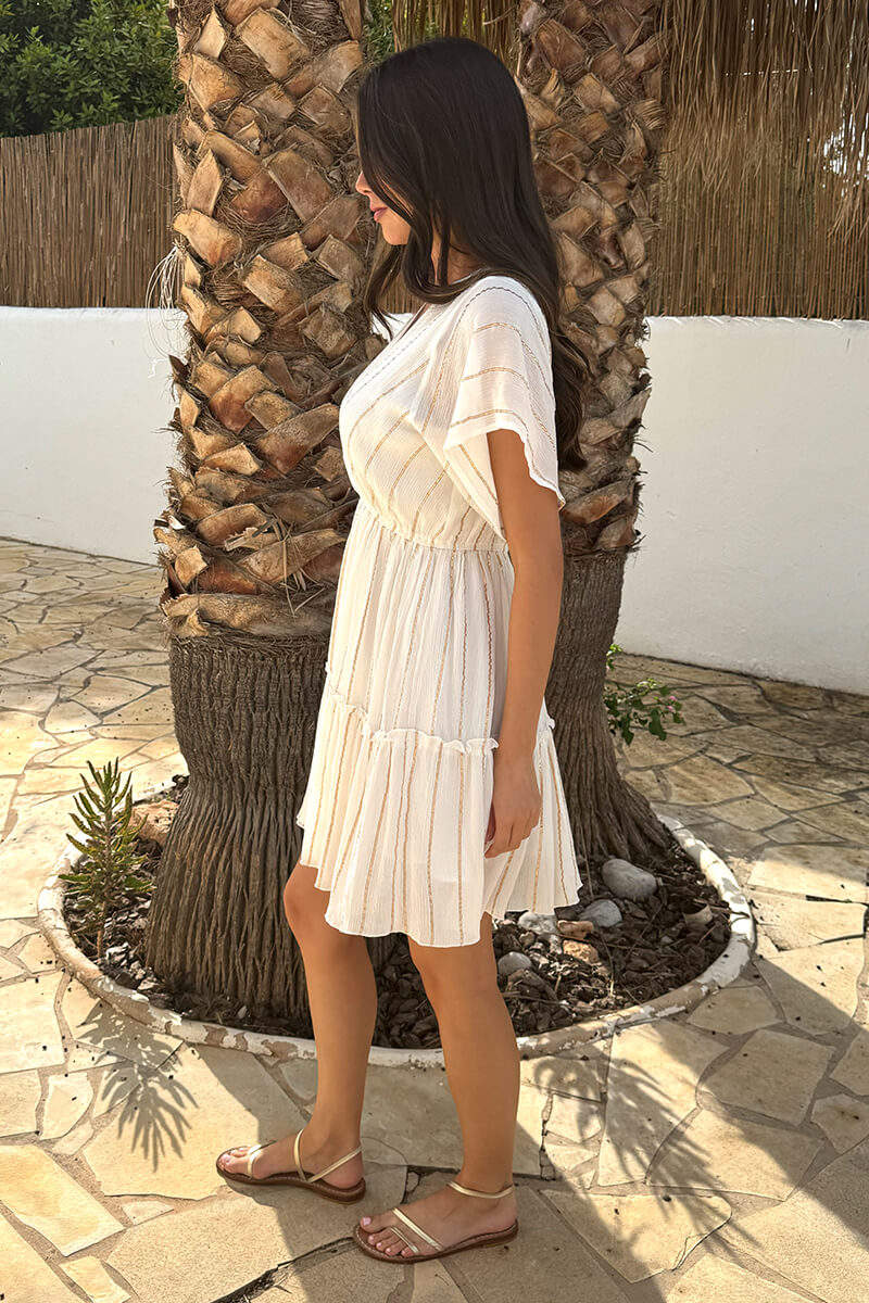 White And Gold Striped Wrap Top Tiered Mini Dress