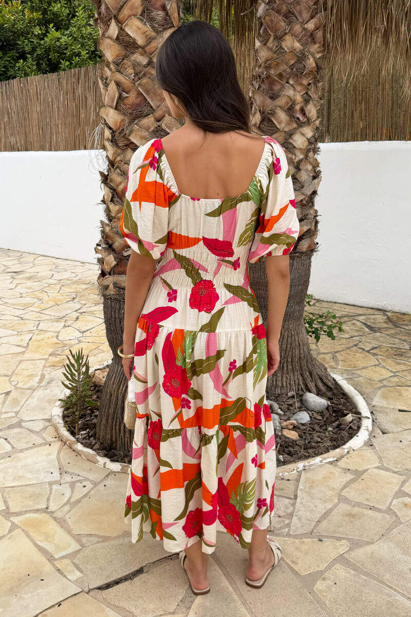 Multi Floral Print Shirred Waist Smock Midi Dress