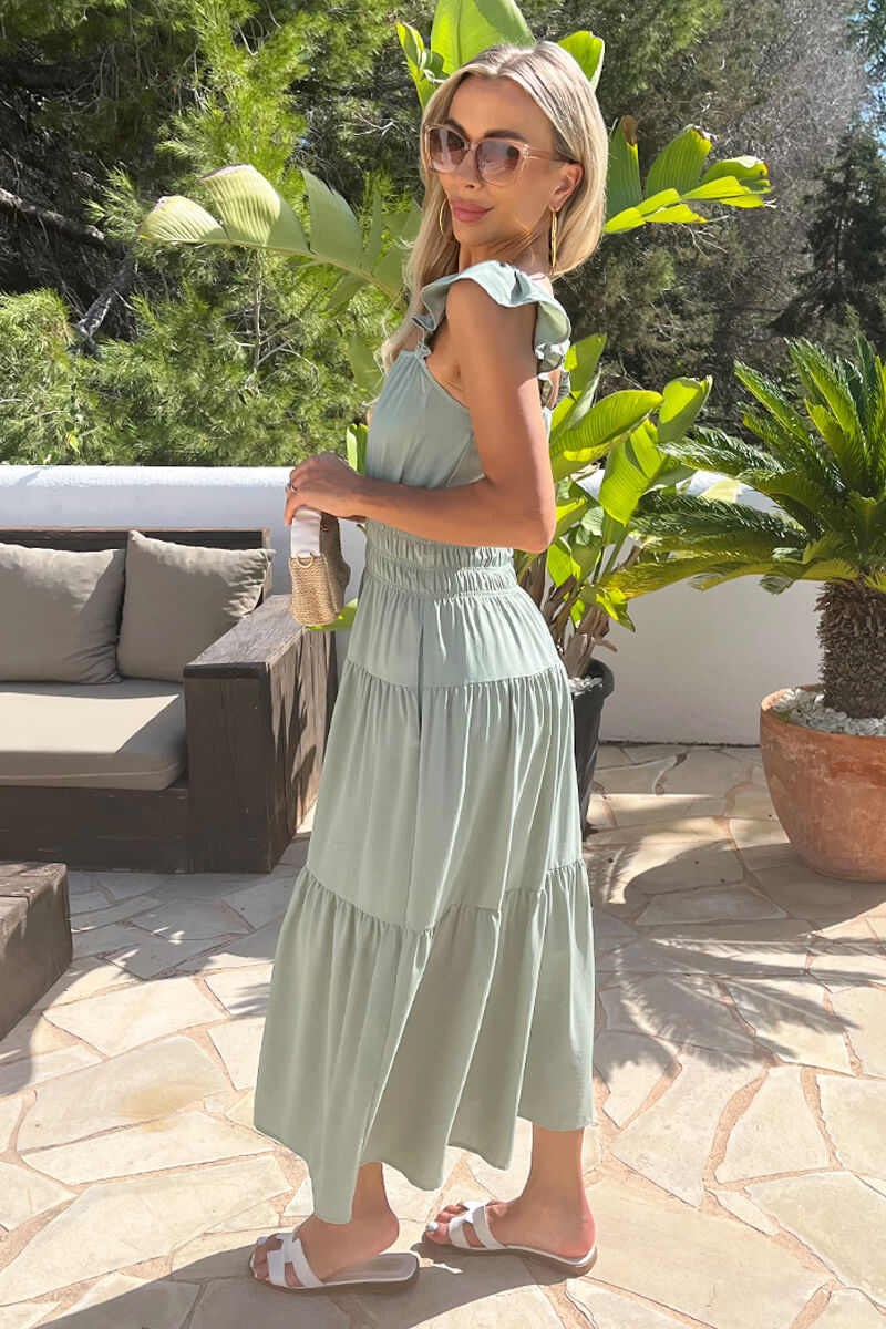 Duck Egg Frill Strap Smock Midi Dress