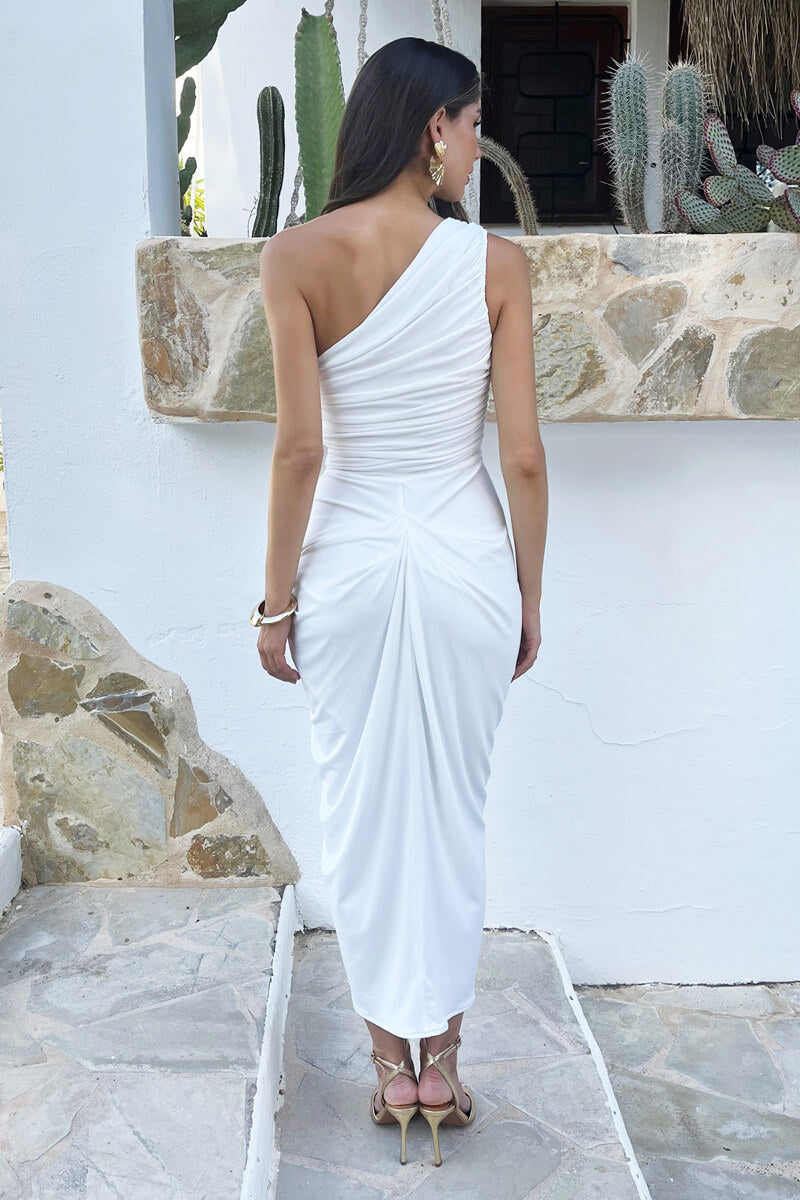 Cream One Shoulder Gathered Skirt Midi Dress