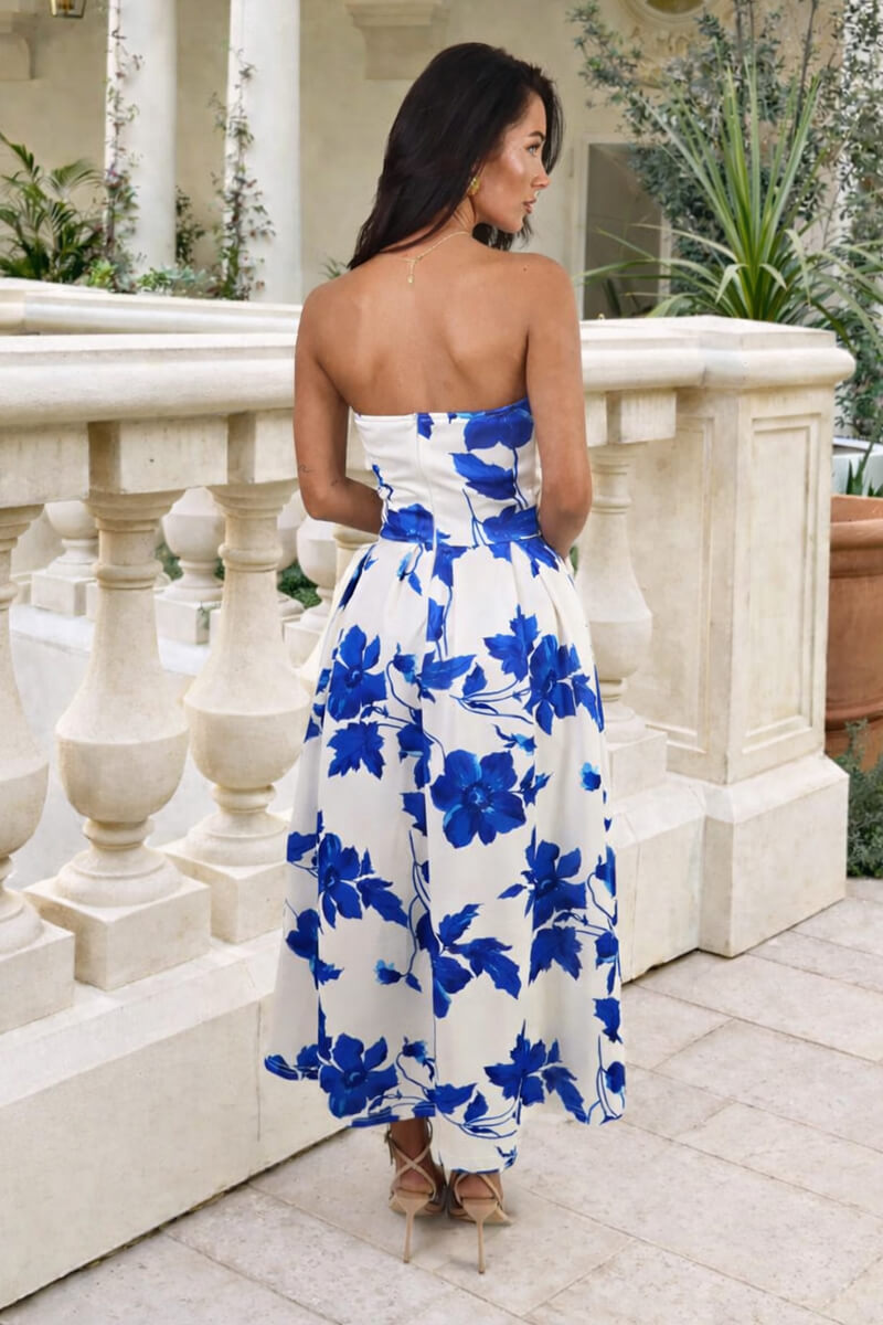 Blue And Cream Floral Print Bandeau A-Line Midi Dress