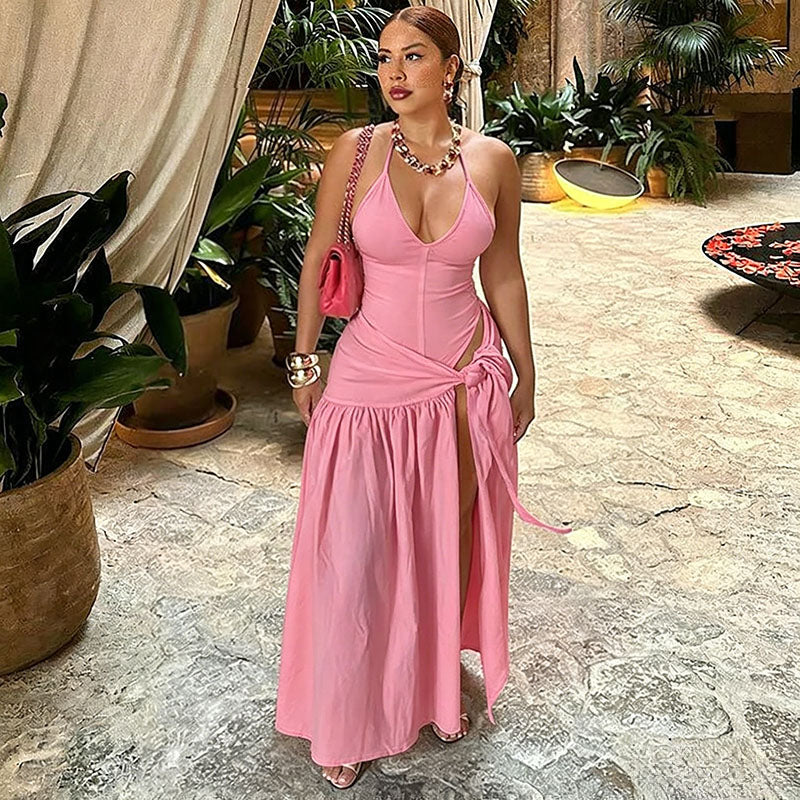 Backless Halter Bodysuit High Slit Tie Waist Maxi Skirt Set