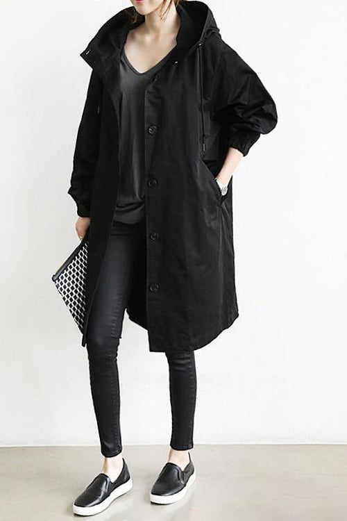 Mid-Length Hooded Jacket with Button Front and Shortened Sleeves