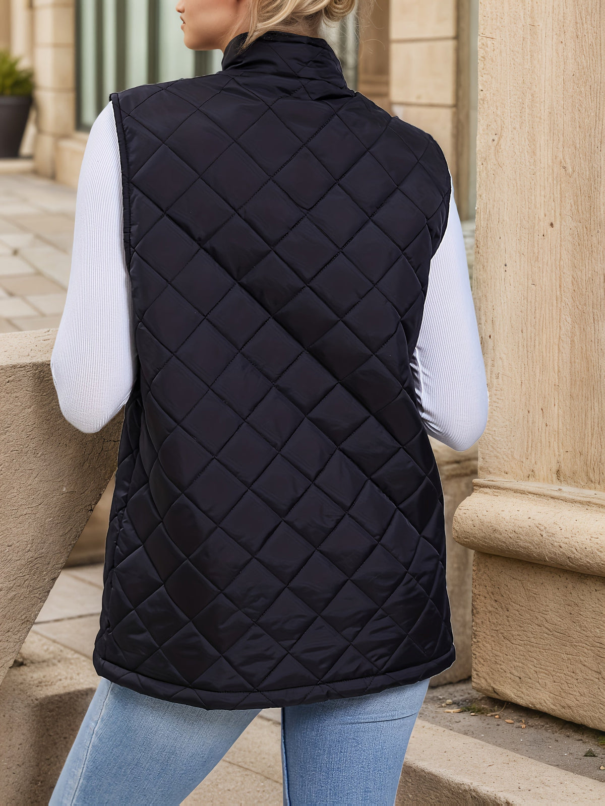 Diamond-Quilted Longline Sleeveless Jacket