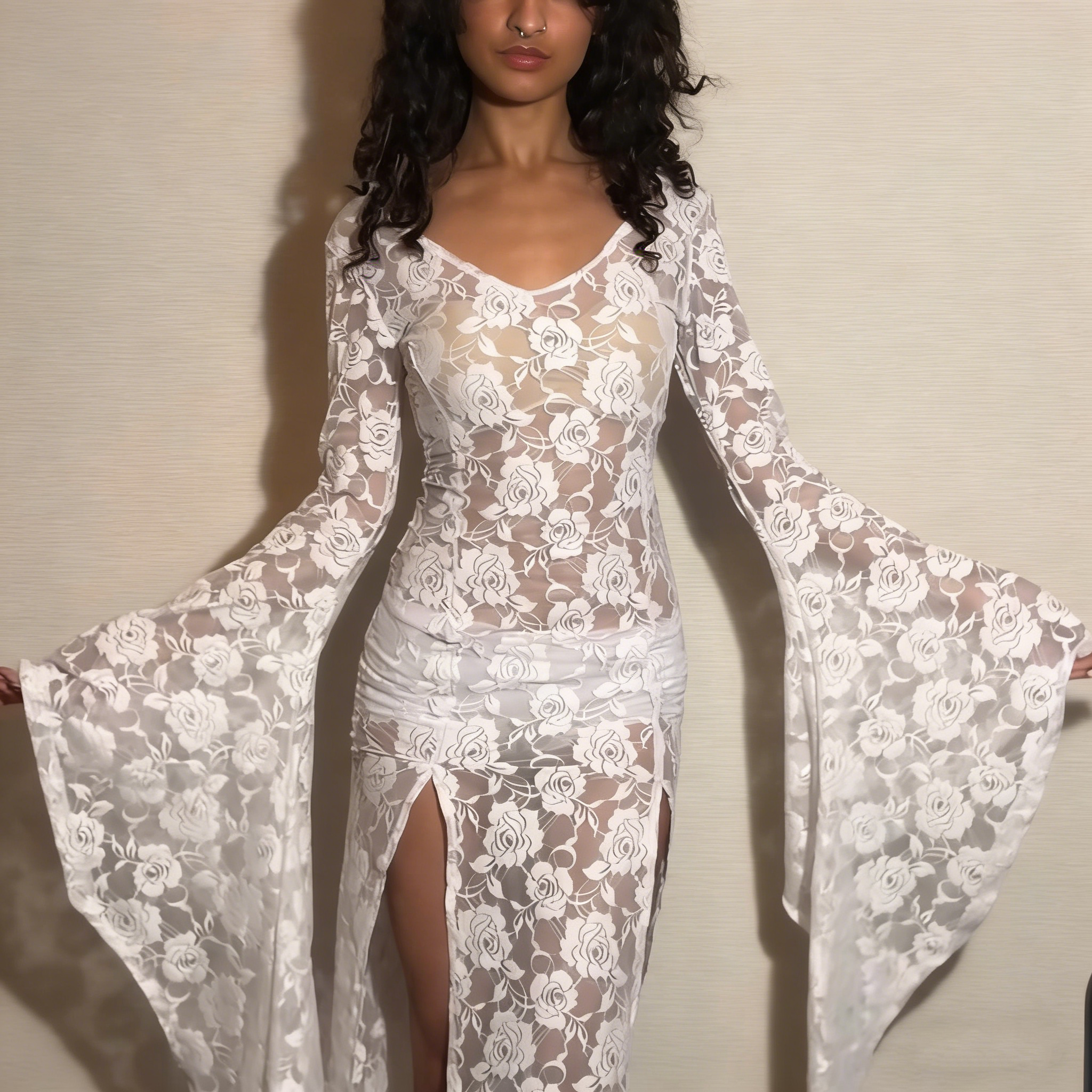 Gothic Lace Bell Sleeve Slit Maxi Dress