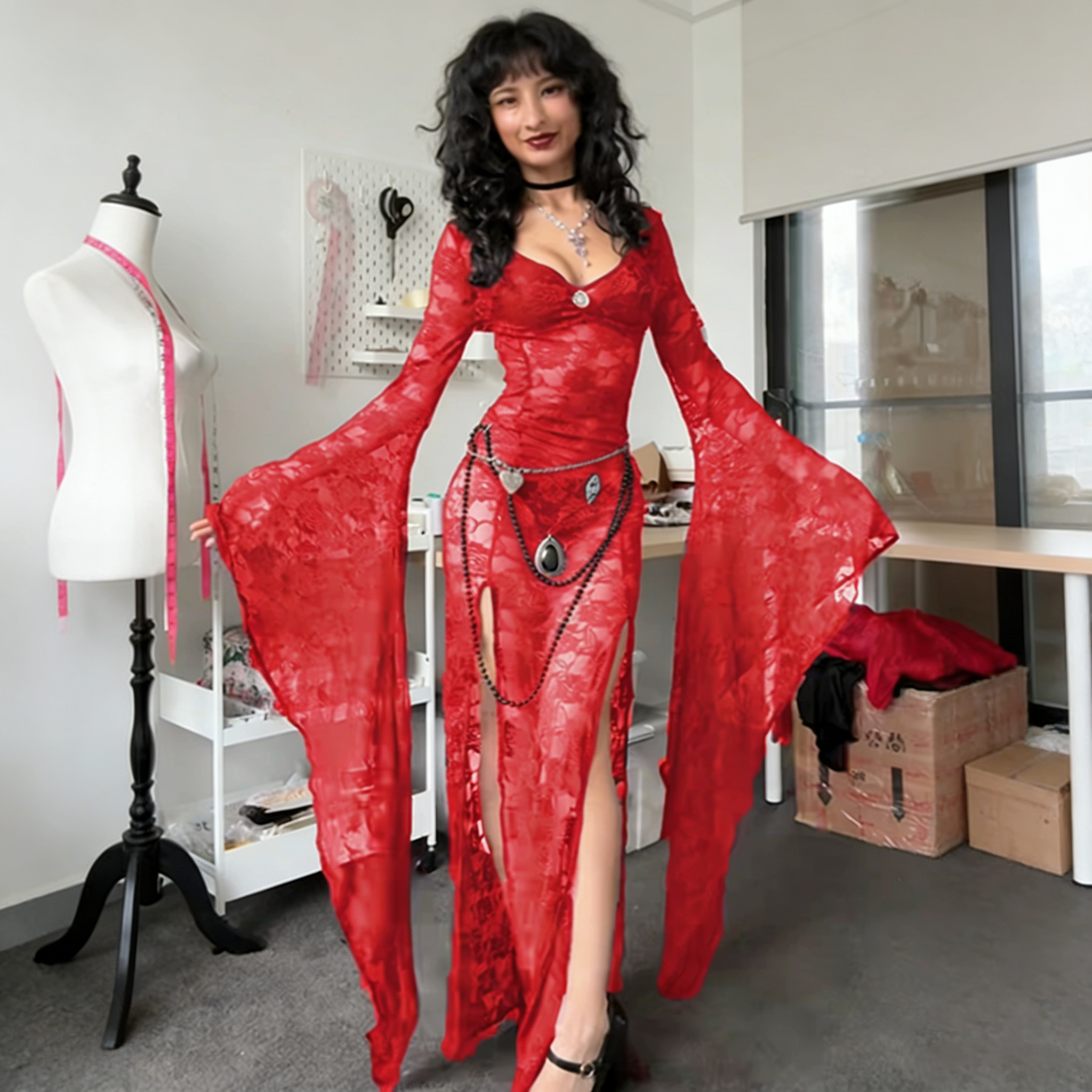 Gothic Lace Bell Sleeve Slit Maxi Dress