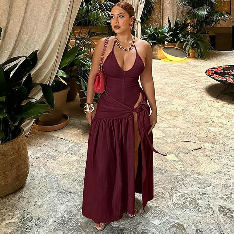 Backless Halter Bodysuit High Slit Tie Waist Maxi Skirt Set