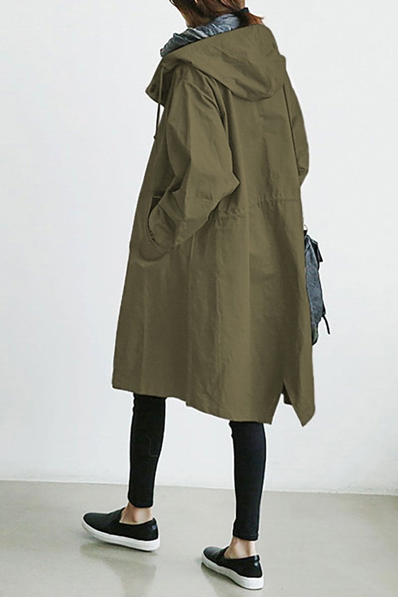 Mid-Length Hooded Jacket with Button Front and Shortened Sleeves