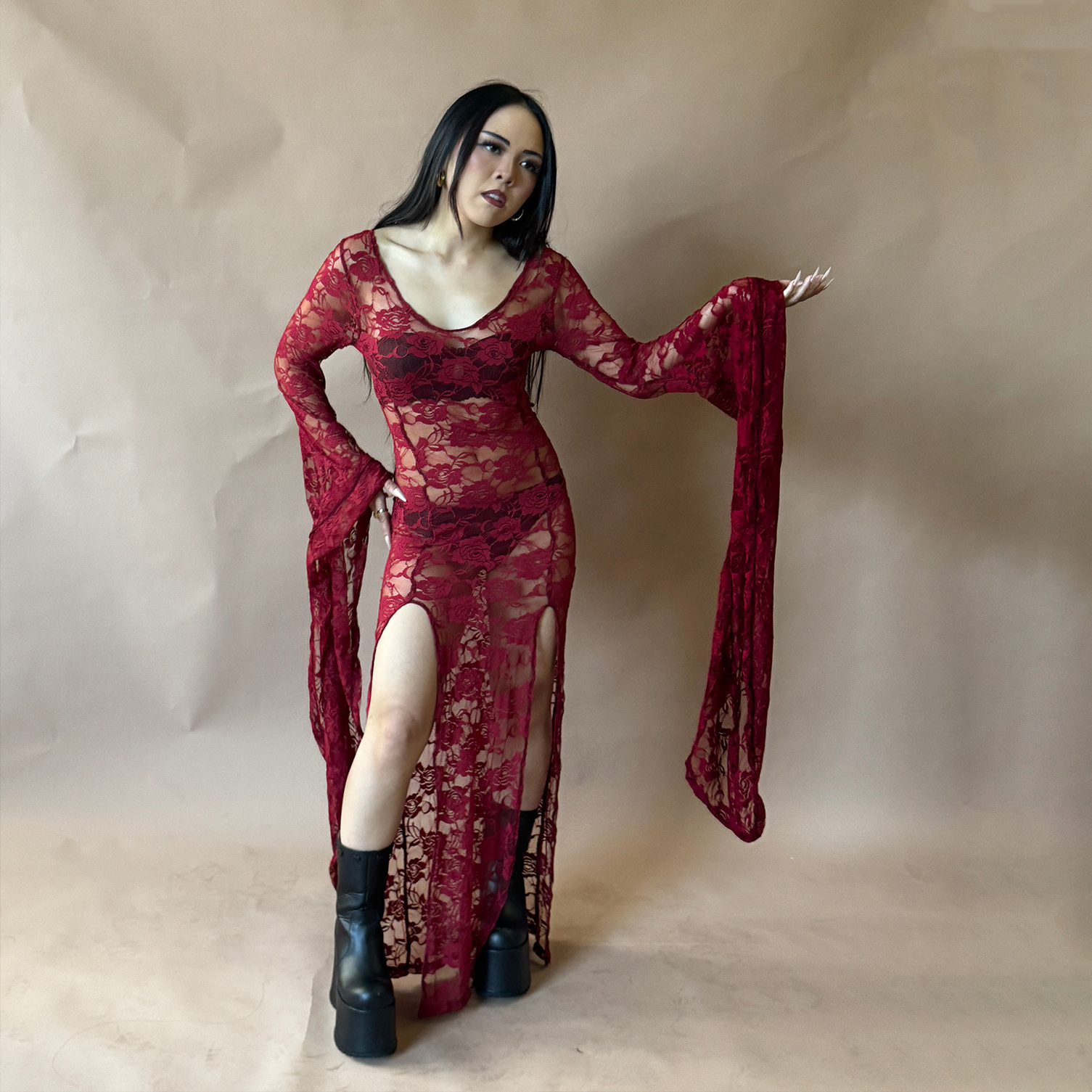 Gothic Lace Bell Sleeve Slit Maxi Dress