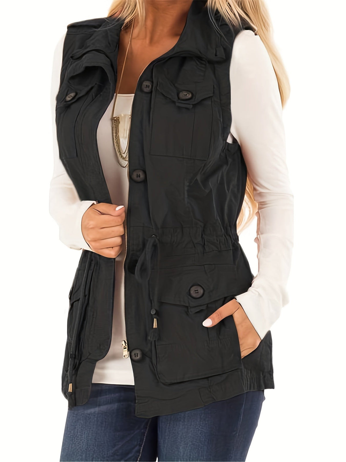Sleeveless Drawstring Vest Jacket with Pockets