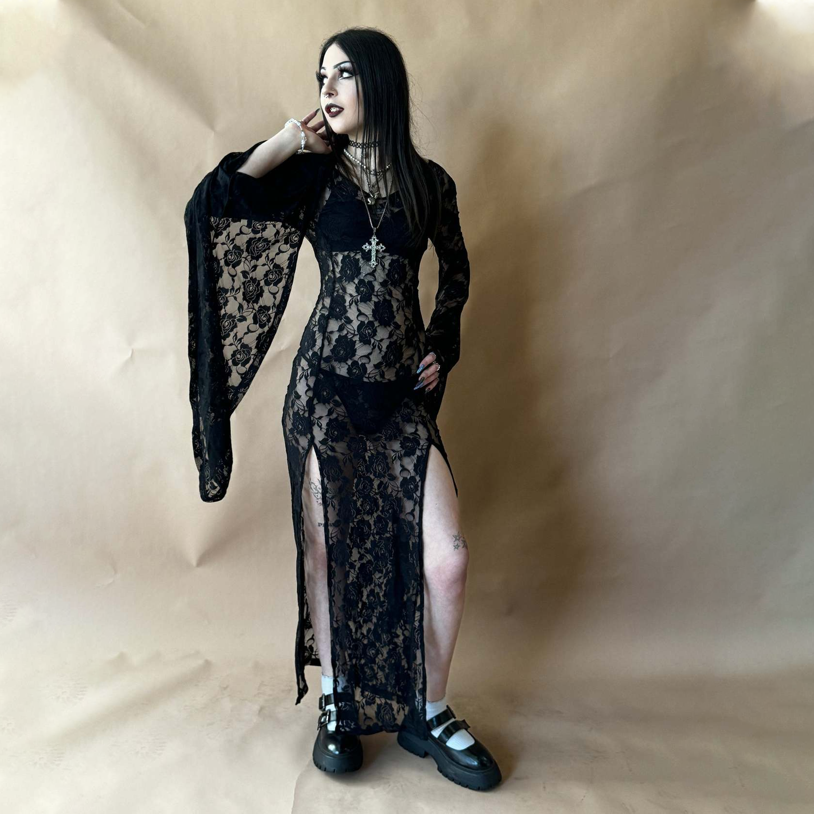 Gothic Lace Bell Sleeve Slit Maxi Dress