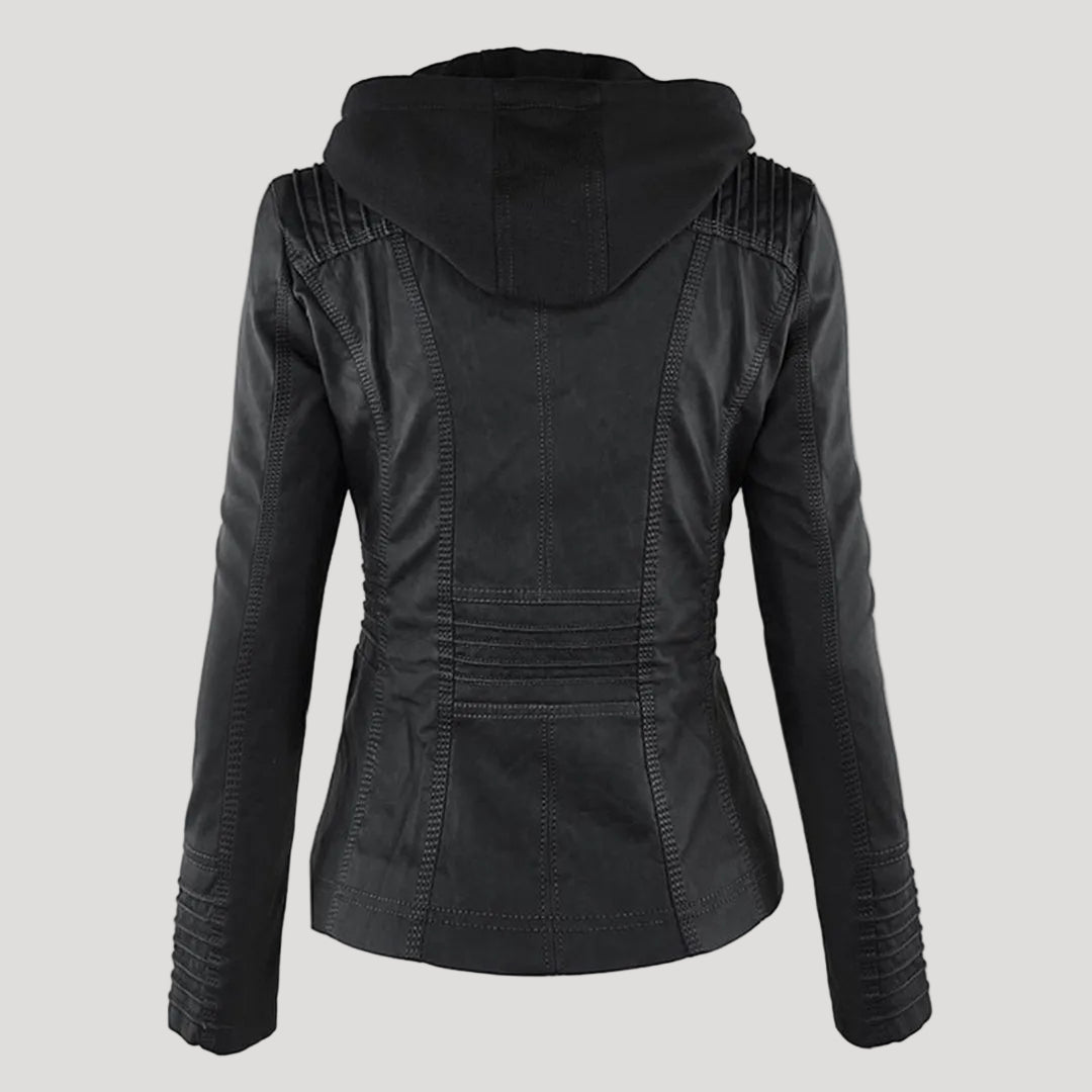 Faux Leather Jacket with Removable Hood and Water-Resistant Coating