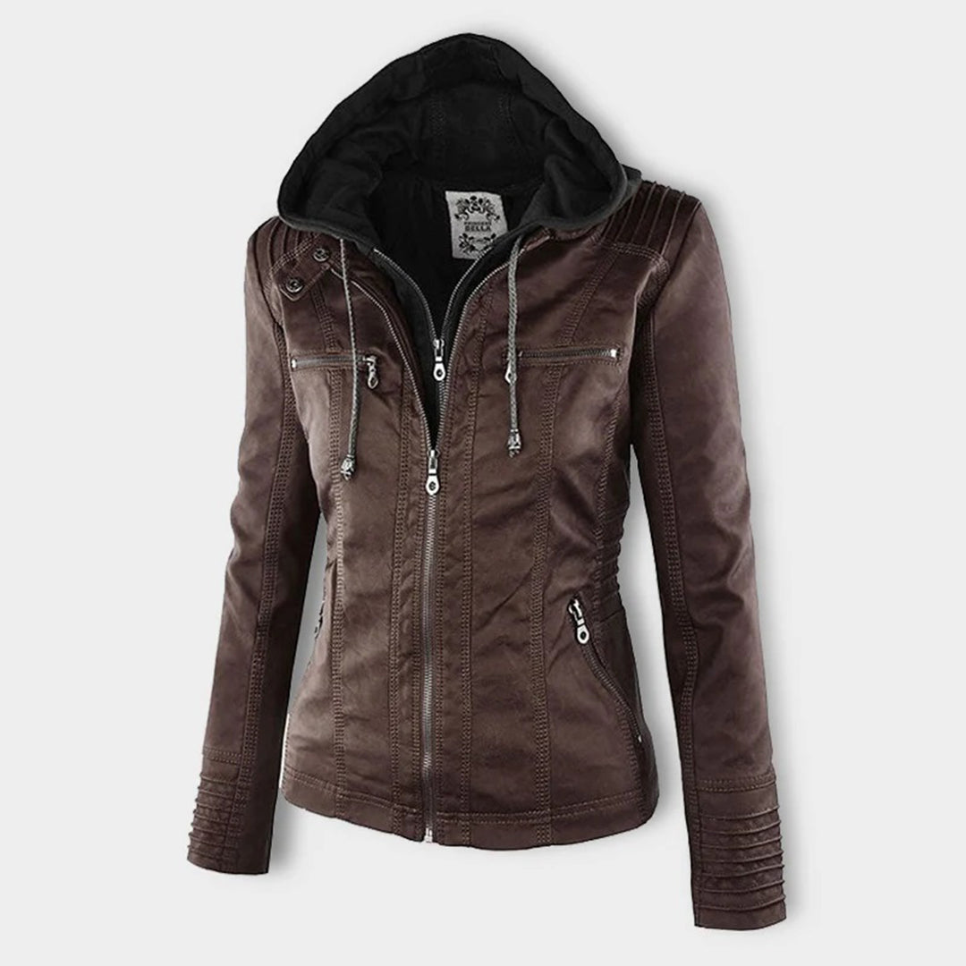 Faux Leather Jacket with Removable Hood and Water-Resistant Coating