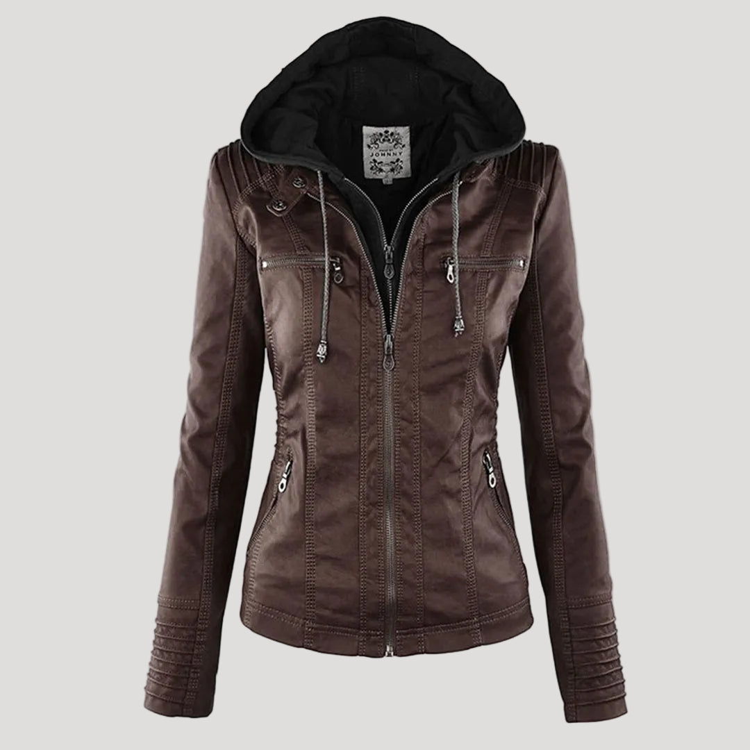 Faux Leather Jacket with Removable Hood and Water-Resistant Coating