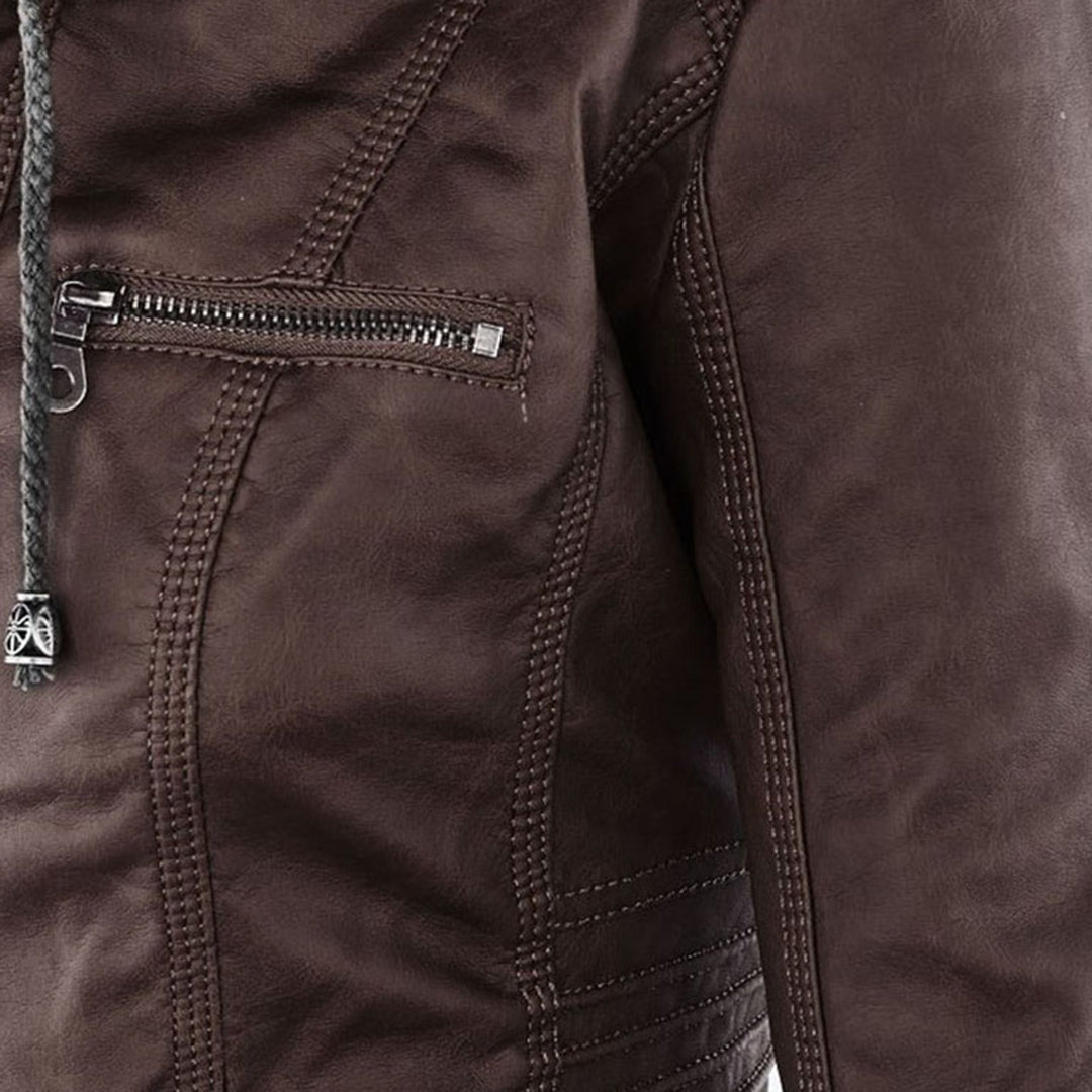 Faux Leather Jacket with Removable Hood and Water-Resistant Coating
