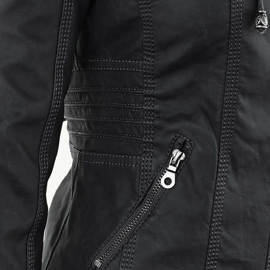 Faux Leather Jacket with Removable Hood and Water-Resistant Coating